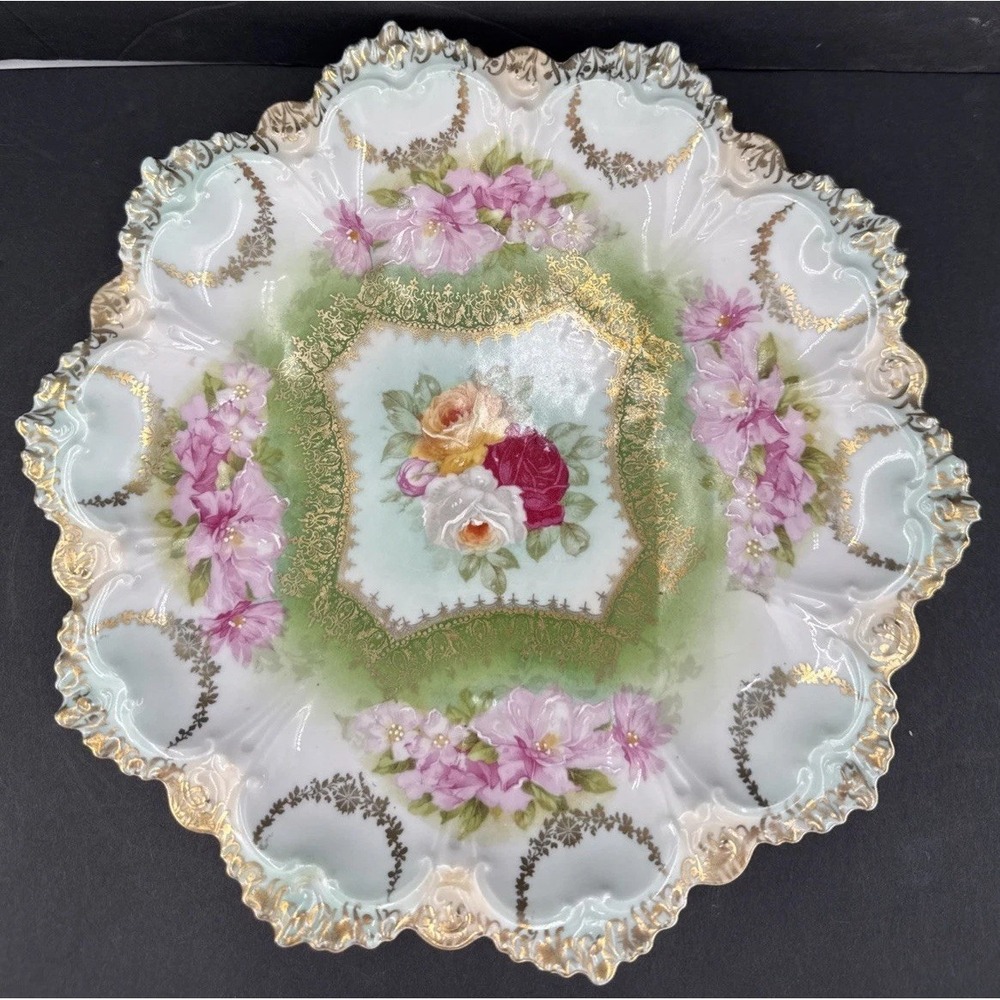 Antique M.Z. Austria Hand Painted Floral Centerpiece Plate Bowl Gold Gilt Roses